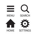 Menu and search magnifying glass vector icon. Home and settings cogwheel symbol. Basic application interface button set. Royalty Free Stock Photo