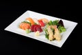 Menu of sushi, sashimi and fried with vegetables Royalty Free Stock Photo