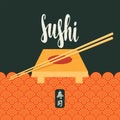 menu Sushi and wooden table and chopsticks Royalty Free Stock Photo
