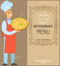 Menu template, dish card for pizzeria. Pizzaiolo, pizza maker serving meal, dish of italian cuisine Royalty Free Stock Photo