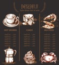 Menu template drinks, cakes and seafood Vector. Fresh coffee, cupcakes, lobesters design line art
