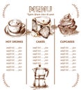 Menu template drinks, cakes and seafood Vector. Fresh coffee, cupcakes, lobesters design line arts