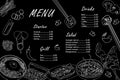 Menu template for Korean cuisine cafe. Asian white outline dishes bibimbap, gimbap, guksu, odeng, galbi-gui on black background