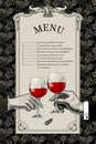 Menu template with retro drawing of man`s and woman`s hands hold