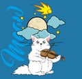 Meow. A cute in love cat plays on a violin in the moonlight