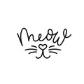 Meow funny cat quote with lettering. Cute cat meow slogan with heart shaped nose and whiskers. Vector illustration Royalty Free Stock Photo