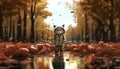 Cute cat walking in a park with autumn leaves and pumkins, wearing a coat. Generative AI illustrations