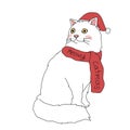 Meowy catmas white cat wear scarf and santa hat cartoon vector illustration