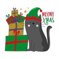 Meowy Christmas - funny greeting with cute cat in ELF hat and Christmas presents.