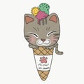 Meowy ice-cream cone cartoon watercolour painting