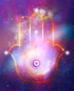 Hamsa Hand, Hand of God, Eye symbol, Spiritual guidance, Angel of light and love, miracle on sky, Star of David in lotus flower Royalty Free Stock Photo