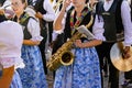 Meran, South Tyrol, Italy - 15 October 2023 Traditional parade of music bands at grape festival