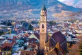 Merano churh of San Nicolo bell tower city centre aerial panoramic view. Merano or Meran is a town in South Tyrol in