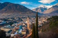 Merano city centre aerial panoramic view. Merano or Meran is a town in South Tyrol in northern Italy.