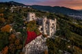 Merano, Italy - Aerial panoramic view of the famous Castle Brunnenburg Castel Tirolo with the city of Merano in the Dolomites