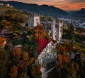 Merano, Italy - Aerial panoramic view of the famous Castle Brunnenburg with the city of Merano, the Italian Dolomites