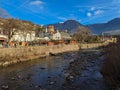 MERANO, ITALY - DECEMBER 27, 2022: Panoramic view of river Passirio passing through the city of Merano in northern Italy