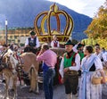 Merano, South Tyrol, Italy - 15 October 2023 Wagon with apple crown at Merano grape festival