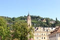 Merano St. Nicholas church tower and vineyards, South Tyrol Royalty Free Stock Photo