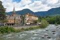 View of the busy city of Merano on the Passer River, Italy
