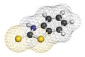 Mercaptobenzothiazole MBT skin sensitizer molecule. Used as rubber vulcanising agent. 3D rendering. Atoms are represented as.