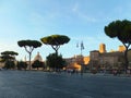 The Mercati di Traiano complex in Rome, Italy, together with the Torre delle Milizie, viewed from the Via dei Fori Imperiali