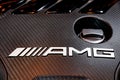 Mercedes-AMG engine logo on the engine cover of a sports car at the Frankfurt IAA Motor Show. Germany - September 11, 2019