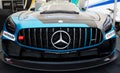 Mercedes AMG GT racing blue super car logo detail front view