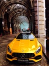 mercedes amg yellow car sportcar