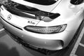 Mercedes-Benz AMG GTR 2018 V8 Bi-turbo exterior details. Back view. Car exterior details. Black and white