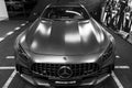 Mercedes-Benz AMG GTR 2018 V8 Biturbo exterior details, Headlight. Front view. Car exterior details. Black and white