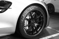 Mercedes-Benz AMG GTR 2018 V8 Biturbo exterior details. Tyre and alloy wheel. Ceramic brakes.Car exterior details. Black and white