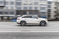 Mercedes Benz GLE Class car on the city road. Fast moving Mercedes GLE C292 on Moscow streets with motion blur. Compliance with
