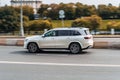 Mercedes-Benz GLS Class third generation X167 driving on the road. Biggest Luxury crossover moving on city motorway, with motion
