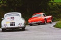 MERCEDES-BENZ 300 SL W 198 1955 PORSCHE 356 1600 COUPÃâ° 1956 on an old racing car in rally Mille Miglia 2020 the famous italian Royalty Free Stock Photo