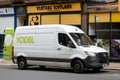 Mercedes-Benz Sprinter white van of the Yodel transportation company which is delivering goods to Scottish shops and stores Royalty Free Stock Photo