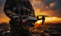 Mercenary launches Reconnaissance drone. Modern technological methods of reconnaissance and warfare.generative ai