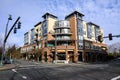 Downtown Mercer Island, street intersection with modern mixed-use buildings across the