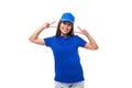 merch concept. smiling young woman in blue cotton t-shirt and cap with print space