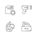 Merchandise quality accounting and control pixel perfect linear icons set. Goods shelf life checking. Customizable thin