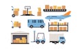 Merchandise warehouse and logistic, storage building, shelves with goods, cargo and unloading transport vector