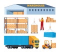 Merchandise warehouse and logistic, workers and equipment, set of elements. Warehouse building, racks, boxes, loader, truck.