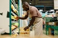 Merchandiser putting fresh fruits on shelves