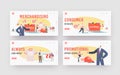 Merchandising Landing Page Template Set. Tiny Characters with Huge Promotional Products for Brand Identity