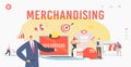 Merchandising Landing Page Template. Tiny Characters with Huge Promotional Products for Brand or Company Identity.