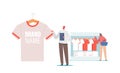 Merchandising, Tiny Male Character with Huge Promotional Product for Brand Identity. Man with T-Shirt, with Company Logo