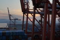 Merchant container ship moored in container terminal in Kwangyang, South Korea. Royalty Free Stock Photo