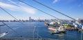 Port activity view from the bridge with Mount Fuji in the background Royalty Free Stock Photo