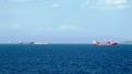 Merchant vessels and cargo container ships entering the port Royalty Free Stock Photo