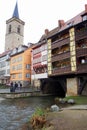 Merchants' bridge, medieval arch bridge lined with half-timbered shops and houses, Erfurt, Germany